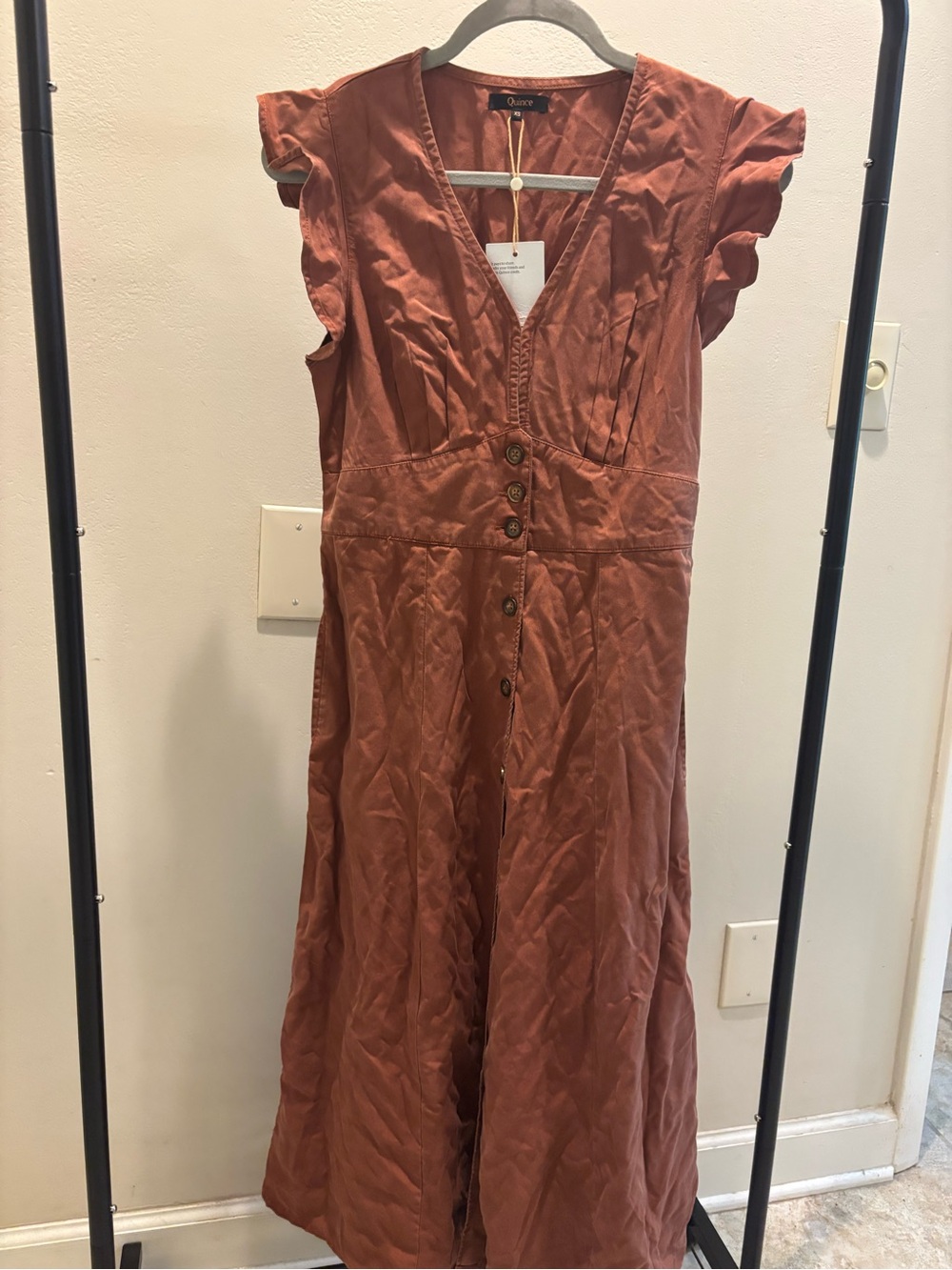 Quince Rust Button-Front Maxi Dress with Ruffle Cap Sleeves